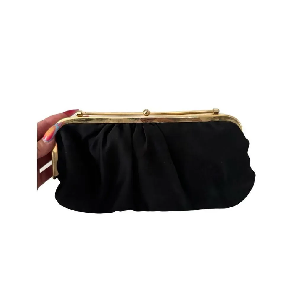 Vintage 1960s Black Clutch Purse with Gold Clasp